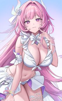 1girl alternate_costume artist_name bare_shoulders bikini bikini_skirt breasts buttons closed_mouth commentary cowboy_shot cyrene_(demiurge)_(honkai:_star_rail) cyrene_(honkai:_star_rail) diamond_button fingernails flower front-tie_bikini_top front-tie_top gradient_background hair_flower hair_intakes hair_ornament highres honkai:_star_rail honkai_(series) idasu_(hyun9164) large_breasts leaning_forward long_hair looking_at_viewer nail_polish navel pink_hair pink_nails purple_background purple_eyes purple_flower purple_rose rose sidelocks smile solo stomach swimsuit thighs very_long_hair white_bikini