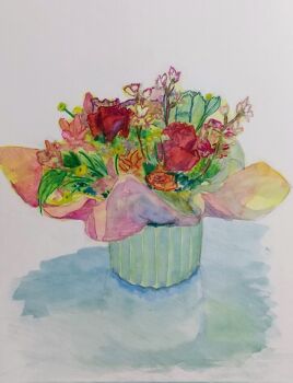 Rule 34 | flower, flower focus, harusa1107, highres, leaf, no humans, object focus, original, plant, plant focus, potted plant, purple flower, red flower, red rose, rose, still life, two-tone flower, white flower