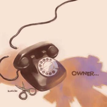 antique_phone archived_source artist_name commentary cut_cord english_commentary english_text lowres object_focus original pale_color phone rotary_phone ruby-ko scissors shadow simple_background tanaka_kunihiko yellow_background