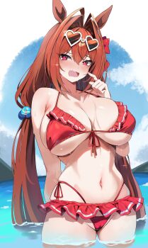 1girl absurdres animal_ears bare_shoulders bikini bikini_skirt blue_sky blush breasts brown_hair cameltoe cleavage cloud commentary_request daiwa_scarlet_(mini_vacation)_(umamusume) daiwa_scarlet_(umamusume) eyewear_on_head fangs frilled_bikini frills front-tie_bikini_top front-tie_top hair_bobbles hair_intakes hair_ornament heart heart-shaped_eyewear highres horse_ears horse_girl huge_breasts korean_commentary long_hair looking_at_viewer navel official_alternate_costume open_mouth outdoors red_bikini red_eyes skin_fangs sky solo stomach sunglasses swimsuit sylph_kim twintails umamusume very_long_hair wading water wet