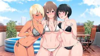 3girls :d animal_print bikini black_bikini black_eyes black_hair blonde_hair blush bracelet breast_press breasts brown_hair chain chain_necklace chiaki closed_mouth clover cowboy_shot dark-skinned_female dark_skin day four-leaf_clover four-leaf_clover_necklace frilled_bikini frills front-tie_bikini_top front-tie_top game_cg girl_sandwich gluteal_fold grabbing_another's_breast grey_eyes grin groping gyaru hair_between_eyes highres jewelry kemuri_haku kogal large_breasts long_hair looking_at_viewer multiple_girls nagisa necklace nose_blush open_mouth original purple_eyes sandwiched scrunchie short_hair side-tie_bikini_bottom sky smile swimsuit tan uchi_no_otouto_maji_de_dekain_dakedo_mi_ni_konai? underboob white_bikini wrist_scrunchie yukiko zebra_print