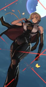 1girl absurdres arm_strap bare_shoulders beefussop12 black_choker black_coat black_gloves black_pants blonde_hair breasts bug chest_harness choker coat coat_on_shoulders commentary_request earrings elbow_gloves evelyn_chevalier feet_out_of_frame from_below gloves half_gloves harness high-waist_pants highres insect jewelry large_breasts latex_pants long_ribbon moon moth necktie night outdoors pants parted_lips pendant_choker purple_eyes ring_hair_ornament shirt shirt_tucked_in single_elbow_glove single_half_glove solo string tight_clothes tight_pants white_shirt yellow_necktie zenless_zone_zero