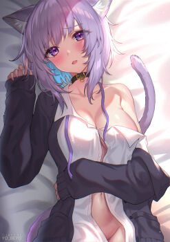 1girl absurdres animal_ear_fluff animal_ears artist_name bed_sheet beyo black_sweater blue_hair blush breasts cat_ears cat_girl cat_tail choker collar collared_shirt colored_inner_hair commentary fang groin highres hololive large_breasts looking_at_viewer lying messy_hair multicolored_hair navel nekomata_okayu nekomata_okayu_(oversized_shirt) official_alternate_costume on_back on_bed open_clothes open_mouth open_shirt purple_eyes purple_hair shirt single_bare_shoulder skin_fang sweater tail untied_ribbon virtual_youtuber white_shirt