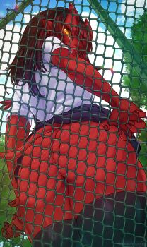 1girl against_fence ass ass_focus ass_press black_thighhighs blunt_bangs breasts brown_hair chain-link_fence clothes_lift cloud colored_skin day demon_girl demon_horns demon_tail fence freckles highres horns long_hair looking_at_viewer medium_breasts meruccubus_(merunyaa) merunyaa no_panties oni original outdoors pointy_ears purple_skirt red_nails red_oni red_skin school_uniform short_sleeves skin-covered_horns skirt skirt_lift sky solo tail thighhighs tree