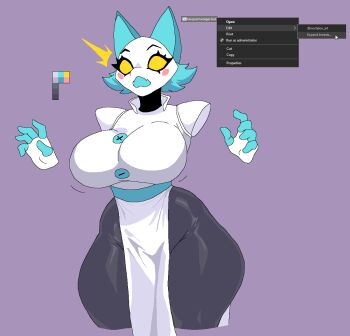 1girl animal_ears animal_nose artist_name belt black_fur black_skin blue_belt blue_fur blue_skin bouncing_breasts breast_expansion breasts buttons cat_girl china_dress chinese_clothes color_guide colored_sclera colored_skin context_menu deltarune disembodied_hand dress english_text fang fangs furry furry_female highres humanoid_robot large_breasts large_buttons microsoft_windows multicolored_fur multicolored_skin nevtelen no_panties no_pupils open_mouth pear-shaped_figure purple_background rayman_limbs robot sash shield short_hair signature simple_background snout solo surprised tasque_manager thighs twitter_username two-tone_fur two-tone_skin utdr_(toby_fox) white_dress white_skin wide_hips yellow_eyes yellow_sclera