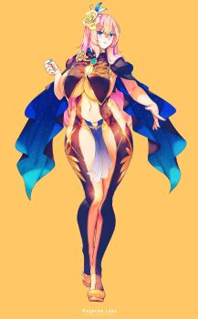 1girl absurdres alternate_costume aqua_eyes breast_curtains breasts commentary_request flower highres huge_breasts loincloth long_hair looking_at_viewer megurine_luka pink_hair revealing_clothes sideboob solo songjiangcc stomach underboob vocaloid yellow_background yellow_flower