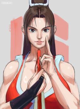 1girl black_bridal_gauntlets breasts bridal_gauntlets brown_eyes brown_hair commentary english_commentary expressionless fatal_fury folded_fan folding_fan hand_fan hands_up high_ponytail highres holding holding_fan kuji-in large_breasts long_hair looking_at_viewer overlord_jc ponytail shiranui_mai solo street_fighter street_fighter_6 upper_body