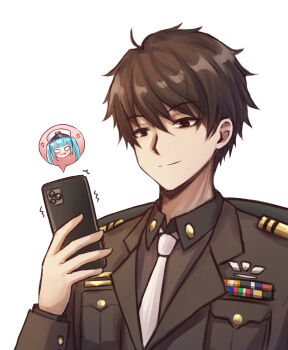 1boy 1girl anger_vein blue_hair brown_eyes brown_hair commander_(nikke) goddess_of_victory:_nikke highres holding holding_phone jimpu6 looking_at_phone male_focus military_uniform necktie phone privaty_(nikke) short_hair simple_background smile tactical_clothes twintails