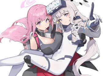 2girls absurdres black_gloves black_sports_bra blue_archive blush bodysuit breasts carrying cleavage commentary_request covered_navel cropped_jacket eimi_(battlesuit)_(blue_archive) eimi_(blue_archive) flower gloves goggles goggles_around_neck halo head-mounted_display highres himari_(armed)_(blue_archive) himari_(blue_archive) index_finger_raised jacket large_breasts long_hair long_sleeves looking_at_viewer mole mole_under_eye multiple_girls parted_lips pink_hair pointy_ears princess_carry purple_eyes ryou_(ponpgo) simple_background small_breasts sparkle sports_bra very_long_hair white_background white_flower