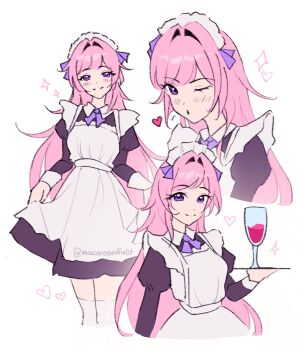 1girl apron blush cup cyrene_(honkai:_star_rail) cyrene_(ripples_of_past_reverie)_(honkai:_star_rail) drinking_glass heart highres holding holding_tray honkai:_star_rail honkai_(series) macaroonillust maid maid_apron maid_headdress multiple_views one_eye_closed pink_hair purple_eyes smile solo tray twitter_username wine_glass