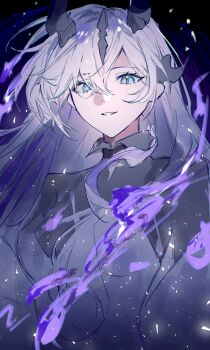 1girl absurdres arknights black_background black_horns blue_eyes chinese_commentary commentary_request commission daotie_0_ouyu_wuqing_1 fire hair_between_eyes highres horns light_particles long_hair looking_at_viewer necrass_(arknights) purple_fire smile solo upper_body white_hair