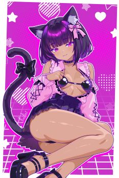 1girl :3 absurdres animal_ear_fluff animal_ears artist_self-insert ass belt_collar bikini black_bikini black_collar black_hair black_panties black_shoes bow breasts cat_ears cat_girl cat_tail closed_mouth clothing_cutout collar dark-skinned_female dark_skin finn_flint finn_flint_(vtuber) frilled_shirt_collar frills full_body hair_bow heart high_heels highres indie_virtual_youtuber jirai_kei long_sleeves looking_at_viewer mask medium_breasts mouth_mask on_floor original panties pink_shirt platform_heels purple_background purple_eyes shiny_clothes shiny_skin shirt shoes shoulder_cutout smile swimsuit tail tail_bow tail_ornament underwear virtual_youtuber
