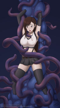 1girl armpits clothed_sex clothes_lift covered_erect_nipples final_fantasy final_fantasy_vii final_fantasy_vii_rebirth final_fantasy_vii_remake gloves highres long_hair restrained skirt skirt_lift square_enix stomach tentacle_monster tentacles tentacles_under_clothes the_tentacle_professor thighhighs tifa_lockhart