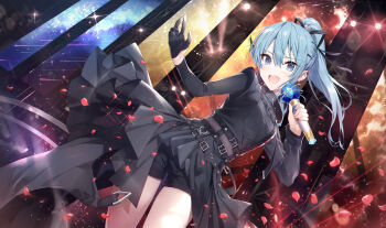 1girl :d asymmetrical_sleeves black_ribbon black_shirt black_shorts black_skirt blue_eyes blue_hair chest_harness commentary_request concert double-parted_bangs falling_petals gabiran gloves hair_between_eyes hair_ribbon half_gloves harness high_ponytail highres holding holding_microphone hololive hoshimachi_suisei hoshimachi_suisei_(shout_in_crisis) long_sleeves microphone mismatched_sleeves official_alternate_costume official_alternate_hairstyle open_mouth petals ponytail ribbon see-through_clothes see-through_sleeves shirt short_shorts shorts showgirl_skirt single_glove single_half_glove skirt smile solo star_(symbol) star_in_eye symbol_in_eye teeth turtleneck turtleneck_shirt upper_teeth_only virtual_youtuber