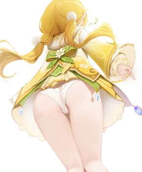 Rule 34 | 1girl, absurdres, ass, blonde hair, cameltoe, commentary, daisy (mongil: star dive), dress, from behind, from below, hair ornament, highres, long hair, long sleeves, mongil: star dive, musical note, panties, pointy ears, pom pom (clothes), pom pom hair ornament, print panties, simple background, solo, teddyellow, twintails, underwear, untranslatable commentary, white background, white panties, yellow dress