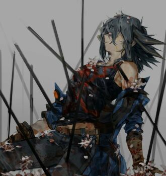 Rule 34 | 1boy, bare shoulders, belt pouch, black hair, black shirt, blood, blood on clothes, blood on ground, blood on hands, blue coat, brown gloves, clothes lift, coat, covered eyes, death, deep wound, elbow gloves, facial mark, facing to the side, flower, fudo yusei, gloves, grey background, grey pants, hair over eyes, hands on ground, impaled, injury, leaning back, male focus, midriff peek, momentcorefly, open clothes, open coat, pants, polearm, pouch, shirt, shirt lift, sleeveless, sleeveless shirt, sleeves rolled up, spiked hair, third-party source, torn clothes, torn pants, weapon, white flower, yu-gi-oh!, yu-gi-oh! 5d's