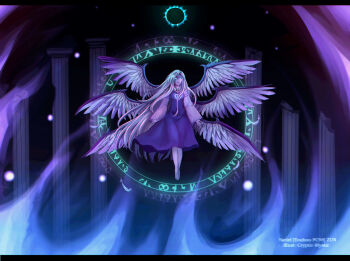 1girl angel angel_wings artist_name barefoot blue_eyes blue_hair character_name cryptmyst dress feathered_wings genderswap genderswap_(otf) highres long_hair long_sleeves multiple_wings pillar sariel_(touhou) shirt solo touhou touhou_(pc-98) very_long_hair white_wings wide_sleeves wings