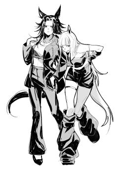 2girls absurdres animal_ears arm_warmers bare_shoulders blunt_bangs closed_mouth commentary_request crop_top fenomeno_(gold-triumph)_(umamusume) fenomeno_(umamusume) flipped_hair full_body gold_ship_(gold-triumph)_(umamusume) gold_ship_(umamusume) greyscale hand_in_pocket highres horse_ears horse_girl horse_tail jacket jewelry leg_warmers long_hair midriff monochrome multiple_girls official_alternate_costume ohayonabeno open_clothes open_jacket pants shirt shorts simple_background sleeveless sleeveless_shirt tail thighlet umamusume