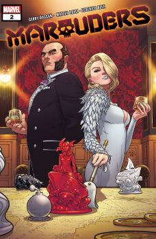 1boy 1girl absurdres black_jacket blonde_hair blue_eyes blurry bodysuit bomb breasts brown_hair coin comic_cover copyright_logo copyright_name cover cover_page cup depth_of_field emma_frost english_text explosive facial_hair feathers floral_print hair_over_one_eye highres holding holding_cup holding_riding_crop indoors jacket kitty_pryde lockheed logo looking_at_viewer looking_to_the_side low_ponytail makeup map marvel medium_breasts mutton_chops official_art ponytail riding_crop russell_dauterman sebastian_shaw short_hair western_comics_(style) white_bodysuit white_feathers white_lips white_nails widow's_peak x-men x-uniform