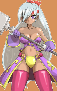 Rule 34 | 1girl, bare shoulders, breasts, closed mouth, commentary, cowboy shot, dark-skinned female, dark skin, elbow gloves, eyelashes, gloves, grey hair, hair over one eye, hammer, headband, highres, holding, holding hammer, long hair, master magmetal, midriff, navel, orange background, outline, pink thighhighs, purple eyes, purple gloves, red headband, shantae (series), shantae and the seven sirens, simple background, smile, solo, squidsmith (shantae), tan, thighhighs, very long hair, white outline