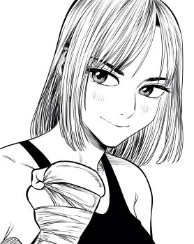 1girl breasts cleavage commentary_request hand_wraps hatching_(texture) highres large_breasts lee_(dragon_garou) linear_hatching medium_hair monochrome original portrait smile solo tank_top