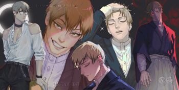 1boy alternate_costume arm_up artist_name artistdkt bare_shoulders bespectacled black_choker black_hair black_pants blonde_hair buttons chain_belt choker closed_mouth colored_tips commentary ear_piercing earrings english_commentary eyelashes glasses hand_in_own_hair highres japanese_clothes jewelry jujutsu_kaisen looking_at_viewer male_focus multicolored_hair multiple_views pants piercing shirt shirt_tucked_in smile two-tone_hair watch white_shirt wristwatch zen'in_naoya