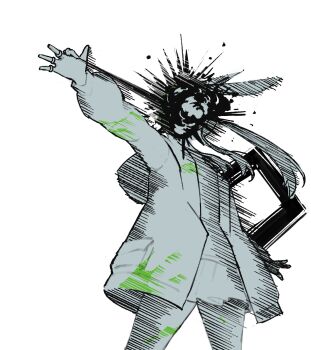 1girl amiya_(arknights) animal_ears arknights hand_up highres jacket jewelry long_hair long_sleeves miniskirt monochrome multiple_rings open_clothes open_jacket originium_arts_(arknights) pointing pointing_at_self rabbit_ears rabbit_girl ring skirt solo spot_color suicide teasmacker thumb_ring