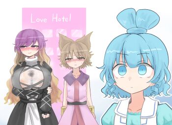 3girls absurdres aftersex blush breasts commentary_request covered_erect_nipples highres hijiri_byakuren huge_breasts implied_cheating_(relationship) implied_sex kaku_seiga love_hotel multiple_girls nipples shirt soeo_(nuru_sawa) stain steam sweat touhou toyosatomimi_no_miko wet wet_clothes wet_shirt