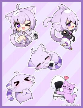 1girl animal_ears animalization black_hoodie cat_ears cat_girl cat_tail chibi commentary_request hololive hood hoodie jacket looking_at_viewer medium_hair muuran nekomata_okayu nekomata_okayu_(1st_costume) nekomata_okayu_(cat) nekomata_okayu_(membership) official_alternate_costume one_eye_closed onigirya_(nekomata_okayu) pants purple_eyes purple_hair purple_jacket tail virtual_youtuber white_pants