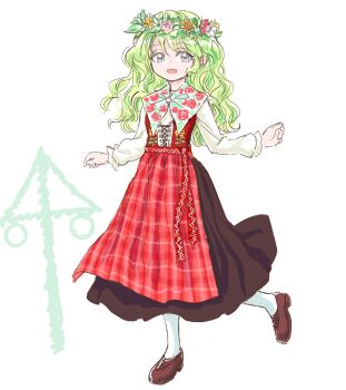 1girl adapted_costume alternate_eye_color apron black_dress brown_footwear commentary_request corset dress embroidery floral_print flower green_hair head_wreath kazami_yuuka kerchief long_hair long_sleeves maypole multicolored_eyes plaid_apron plaid_clothes rainbow_eyes red_apron red_corset red_sash rose_print s-a-murai sash shirt solo standing standing_on_one_leg sunflower_print touhou white_background white_shirt