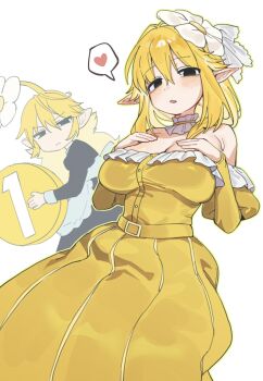 Rule 34 | 2girls, apron, bare shoulders, black dress, black eyes, blonde hair, breasts, choker, cleavage, commentary request, dot nose, dress, flower, frilled choker, frills, frown, hair flower, hair ornament, hand on own chest, heart, highres, holding, hufy, humanization, large breasts, light blush, long dress, long sleeves, looking at viewer, looking to the side, maid, maid apron, medium hair, multiple girls, nintendo, no pupils, off-shoulder dress, off shoulder, outline, parted lips, pikmin (series), simple background, speech bubble, spoken heart, straight hair, v-shaped eyebrows, white apron, white background, white flower, yellow dress, yellow outline, yellow pikmin