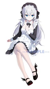 1girl absurdres black_dress black_hairband black_ribbon black_shoes blue_eyes breasts chinese_commentary closed_mouth commentary_request detached_collar dress frilled_dress frilled_hairband frills full_body hair_between_eyes hairband hand_up highres large_breasts legs long_hair long_sleeves looking_at_viewer multicolored_dress neck_ribbon original ribbon sample_watermark shoes simple_background solo sweatdrop thighhighs two-tone_dress watermark white_background white_dress white_hair white_thighhighs white_wrist_cuffs wrist_cuffs youtanhuayuan255