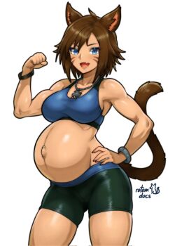 Rule 34 | 1girl, :d, ahoge, animal ears, artist name, bare arms, bare shoulders, biceps, big belly, blue eyes, blue sports bra, bracelet, breasts, brown hair, cat ears, cat girl, cat tail, commission, cowboy shot, facial mark, fang, flexing, gluteal fold, green shorts, hair between eyes, hand on own hip, highres, jewelry, ko-fi commission, large breasts, looking at viewer, navel, necklace, open mouth, original, outie navel, pregnant, rotomdocs, short hair, shorts, signature, simple background, skin fang, smile, solo, sports bra, sportswear, standing, tail, tail raised, white background, workout clothes