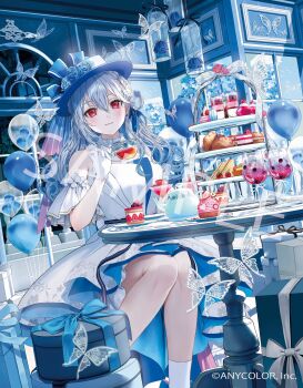 Rule 34 | 1girl, :3, absurdres, armlet, balloon, blush, bow, box, breasts, bug, butterfly, cake, cake slice, cake stand, ceiling, chair, cherry, choker, collar, colored petticoat, commentary request, cup, dress, flower, food, fruit, gift, gift box, glasses, gloves, hat, hat bow, hat flower, hat ribbon, highres, holding, holding cup, indoors, insect, jewelry, legs, legs together, looking at viewer, medium breasts, medium hair, nekoyama iori, original, picture frame, plant, red eyes, ribbon, ringlets, rose, sample watermark, sandwich, sitting, socks, solo, strawberry, table, teacup, teapot, watermark, white dress, white gloves, white hair, white socks, window, zoological specimen