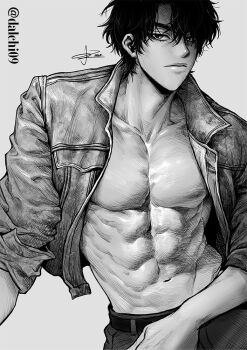 1boy abs arm_belt belt black_hair black_jacket contrapposto cowboy_shot curtained_hair dalchi09 expressionless greyscale hair_over_one_eye hashtag-only_commentary head_tilt jacket leather leather_jacket male_focus monochrome omniscient_reader's_viewpoint open_clothes open_jacket pectorals short_hair solo toned toned_male twisted_torso yoo_joonghyuk