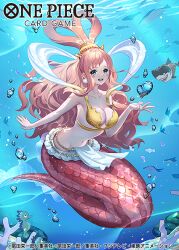 Rule 34 | 1girl, bikini, blue eyes, blush, bubble, commentary request, copyright name, coral reef, earrings, ekusiun, fish, giant, giantess, hagoromo, half updo, jewelry, long hair, looking at viewer, megalo, mermaid, monster girl, official art, one piece, one piece card game, open mouth, pink hair, seahorse, shark, shawl, shell, shell earrings, shirahoshi, swimsuit, underwater, very long hair, yellow bikini