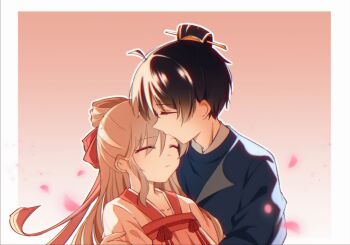 Rule 34 | 1boy, 1girl, black hair, border, brown hair, chinese clothes, chinese commentary, closed eyes, closed mouth, commentary request, couple, hair ribbon, hanfu, hetero, highres, kiss, lemiyou, long hair, long sleeves, original, petals, qixiong ruqun, red ribbon, ribbon, short hair, upper body, wide sleeves, yuanlingpao
