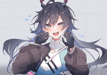 1girl absurdres airenif arknights arknights:_endfield black_gloves black_hair blush chen_qianyu_(arknights) commentary english_commentary eyes_visible_through_hair flying_sweatdrops gloves grey_background hair_between_eyes hands_up highres long_hair looking_at_viewer motion_lines open_mouth red_pupils solo twintails upper_body