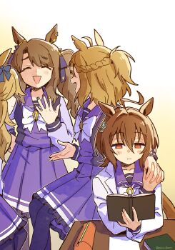 4girls agnes_tachyon_(umamusume) ahoge animal_ears blonde_hair blue_bow blush book bow bowtie braid breasts brown_hair closed_eyes closed_mouth commentary_request desk ear_bow earrings gold_city_(umamusume) hair_between_eyes half_up_braid half_up_half_down_braid highres holding holding_book holding_hands horse_ears horse_girl horse_tail huge_ahoge jewelry jungle_pocket_(umamusume) lab_coat long_hair long_sleeves mazu1kan multicolored_nails multiple_girls notched_ear open_mouth pencil_case pleated_skirt purple_sailor_collar purple_serafuku purple_shirt purple_skirt purple_thighhighs reading red_eyes sailor_collar sailor_shirt school_desk school_uniform serafuku shirt single_earring skirt smile tail thighhighs tosen_jordan_(umamusume) tracen_school_uniform twintails umamusume white_bow white_bowtie