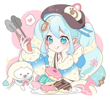 1girl 1other apron aqua_eyes aqua_hair blue_bow blue_dress blue_sleeves blue_thighhighs bow bowtie brown_hat closed_mouth commentary_request detached_sleeves donut double-parted_bangs dress dress_bow food food-themed_clothes food-themed_hat_ornament frilled_apron frills fur-trimmed_dress fur-trimmed_sleeves fur_trim hair_between_eyes hair_ornament hand_on_own_cheek hand_on_own_face hat hat_ornament hatsune_miku heart highres holding holding_tongs long_hair long_sleeves necktie official_alternate_costume official_alternate_hairstyle pink_bow pink_bowtie pink_necktie puffy_short_sleeves puffy_sleeves rabbit rabbit_yukine short_sleeves sleeve_bow snowflake_print speech_bubble spoken_heart thighhighs tongs tongue tongue_out twintails two-tone_sleeves uon_shil very_long_hair vocaloid wavy_hair white_apron white_bow white_rabbit_(animal) white_sleeves yuki_miku yuki_miku_(2026)