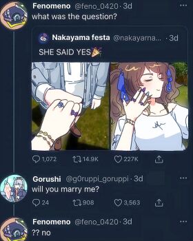 Rule 34 | 2girls, animal, bare shoulders, black shorts, blue bow, blue hat, blue jacket, blue nails, boots, bow, bow ring, bra strap, brown boots, brown hair, camellia (camel mal), chain, chain necklace, clothes writing, commentary request, denim, denim jacket, english text, female pov, fenomeno (umamusume), fish, gold chain, gold ship (umamusume), grass, hair bow, happy, hat, holding, holding animal, holding fish, holding hands, hood, hoodie, horse girl, jacket, jewelry, lace-up boots, layered sleeves, long sleeves, multicolored nails, multiple girls, multiple rings, nail polish, nakayama festa (casual) (umamusume), nakayama festa (umamusume), necklace, off-shoulder shirt, off shoulder, open clothes, open jacket, outdoors, pov, puffy short sleeves, puffy sleeves, purple bow, purple nails, ring, shadow, shirt, short sleeves, shorts, sleeve cuffs, social network, tosen jordan (casual) (umamusume), tosen jordan (umamusume), twintails, twitter, umamusume, unworn hat, unworn headwear, wavy hair, white hoodie, white shirt, yellow nails, yuri