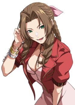 1girl aerith_gainsborough bracelet braid breasts brown_hair cowboy_shot crown_braid dated dress final_fantasy final_fantasy_vii green_eyes highres igusaharu jacket jewelry long_hair looking_at_viewer lower_teeth_only multiple_bracelets open_clothes open_jacket open_mouth pink_dress red_jacket shirt short_sleeves simple_background small_breasts solo teeth twitter_username white_shirt