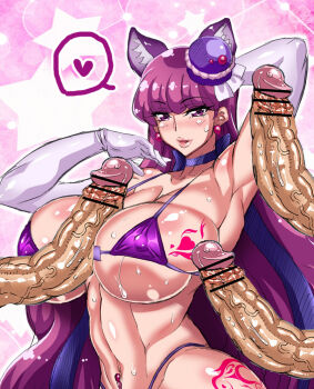 10s 1girl 3boys andou_hiroyuki animal_ears armpits bikini blush breasts censored covered_erect_nipples cure_macaron curvy earrings elbow_gloves food gloves hair_ornament heart huge_breasts huge_penis jewelry kirakira_precure_a_la_mode kotozume_yukari lipstick long_hair macaron makeup multiple_boys navel penis precure purple_bikini purple_eyes purple_hair ribbon seductive_smile shiny_skin smile swimsuit tattoo upper_body veins veiny_penis wavy_hair wet