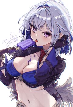 1girl absurdres black_gloves black_jacket blue_bra bra breasts chromatic_aberration cleavage commentary_request cropped_jacket food galbrena_(wuthering_waves) gloves grey_hair hair_intakes hand_up highres holding holding_food holding_popsicle jacket korean_commentary large_breasts licking looking_at_viewer medium_hair navel popsicle purple_eyes sidelocks signature simple_background solo stomach sw_haze tongue tongue_out underwear upper_body white_background wuthering_waves