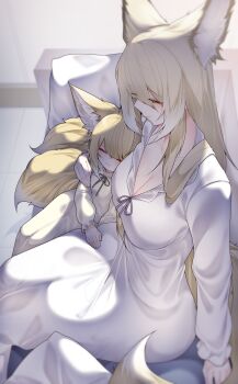 2girls absurdres animal_ears arknights blonde_hair breasts cleavage closed_eyes closed_mouth colored_tips commentary dated_commentary dress english_commentary fox_ears fox_girl fox_tail highres kitsune kyuubi long_hair long_sleeves medium_breasts mother_and_daughter multicolored_hair multiple_girls multiple_tails samip sleeping sleeping_upright suzuran_(arknights) tail vulpisfoglia_(arknights) white_dress white_hair