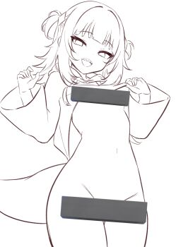 1girl absurdres censored gawr_gura gawr_gura_(1st_costume) greyscale highres hololive hololive_english hood hoodie lineart looking_at_viewer midriff monochrome navel nude pulling_own_clothes ryu160303 sharp_teeth solo standing tail teeth thick_tail unfinished virtual_youtuber