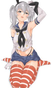 Rule 34 | 1girl, arm up, armpits, black hairband, black neckerchief, black panties, blue sailor collar, blue skirt, breasts, commentary request, cosplay, crop top, elbow gloves, gloves, grey eyes, hair between eyes, hairband, highleg, highleg panties, kantai collection, kashima (kancolle), large breasts, long hair, maonatten, microskirt, navel, neckerchief, panties, pleated skirt, sailor collar, seiza, shimakaze (kancolle), shimakaze (kancolle) (cosplay), sidelocks, sitting, skirt, solo, striped clothes, striped thighhighs, thighhighs, thong, twintails, underwear, white gloves, zettai ryouiki