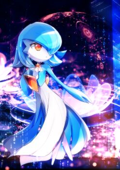 Rule 34 | 1girl, :o, alternate color, alternate hairstyle, ascot, blue hair, blue skin, chisen maimai, colored skin, female focus, flat chest, flower, full body, gardevoir, gen 3 pokemon, hair over one eye, hand on own chest, hand up, libra (symbol), looking afar, looking back, lotus, multicolored skin, night, nintendo, no feet, one eye covered, open mouth, orange eyes, outdoors, pokemon, pokemon (creature), shiny pokemon, short hair, solo, standing, star (symbol), symbol-shaped pupils, two-tone skin, walking, white ascot, white skin