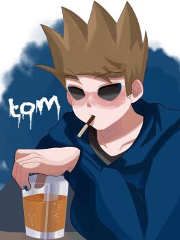 Rule 34 | 1boy, alcohol, animification, bad id, bad twitter id, blue hoodie, blue nails, blush, brown hair, character name, cup, drawstring, drink, eddsworld, food, food in mouth, hollow eyes, hood, hood down, hoodie, jpeg artifacts, male focus, pocky, short hair, sideburns, simple background, solo, spiked hair, teru (teru 0705m), tom (eddsworld), upper body