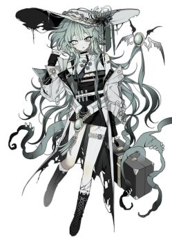 1girl black_boots black_dress boots center_opening coat commentary detached_sleeves dmdrk_(ha_ha) dress full_body green_eyes green_hair hat heterochromia highres long_hair looking_at_viewer original short_dress simple_background sleeves_past_wrists slit_pupils solo sun_hat symbol-only_commentary tentacles very_long_hair white_background white_coat white_eyes